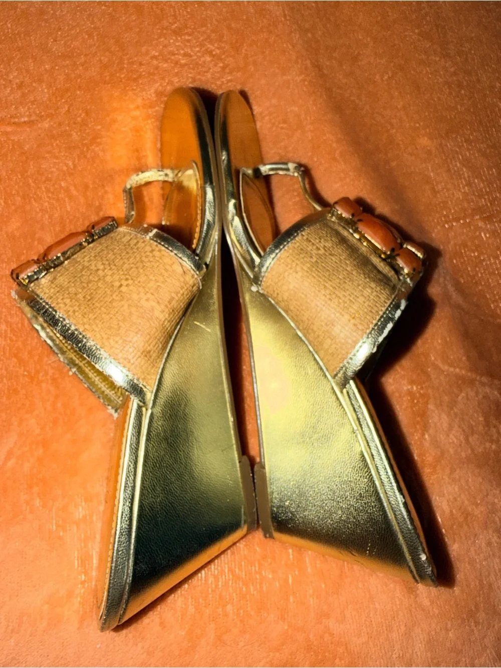 vintage y2k metallic gold - orange jeweled wedge sandals 🧡 touch of nina 8.5 M